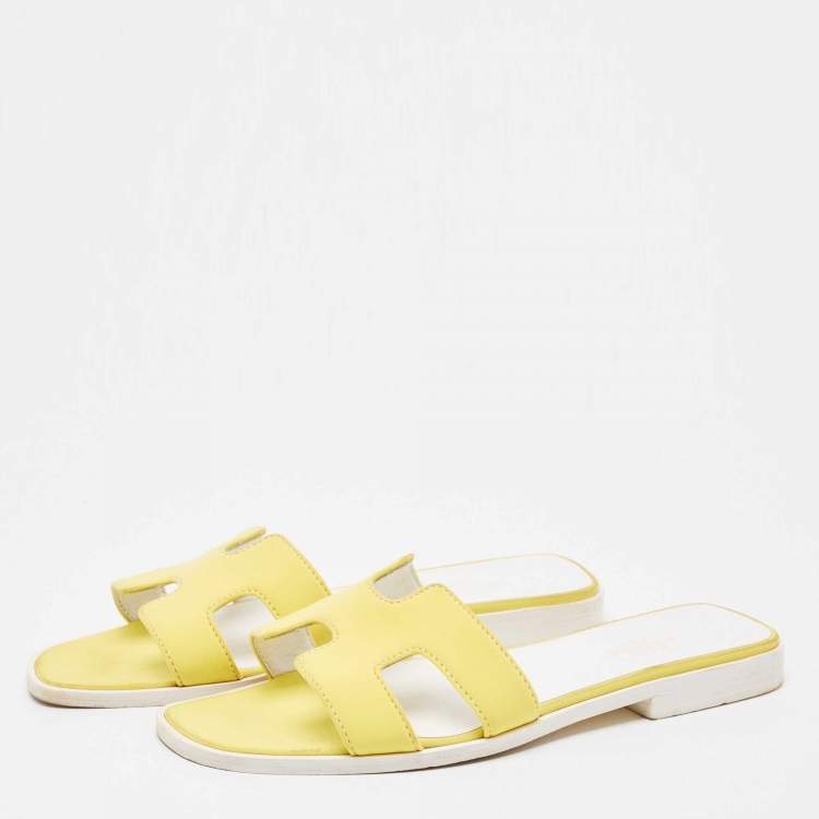 Pre Owned Hermes Yellow Fabric Oran Flat Slides Size 37