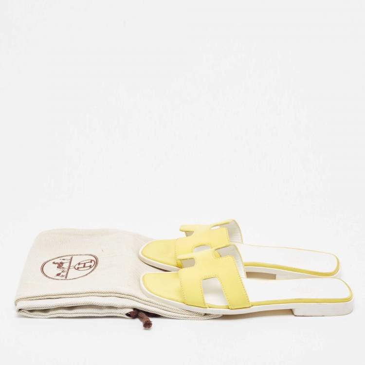 Pre Owned Hermes Yellow Fabric Oran Flat Slides Size 37