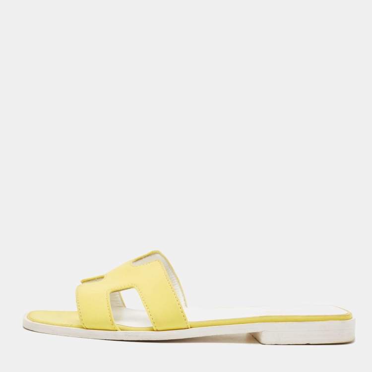 Pre Owned Hermes Yellow Fabric Oran Flat Slides Size 37