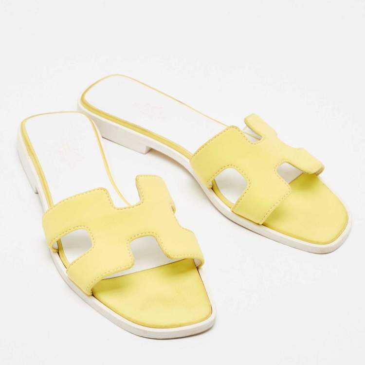 Pre Owned Hermes Yellow Fabric Oran Flat Slides Size 37
