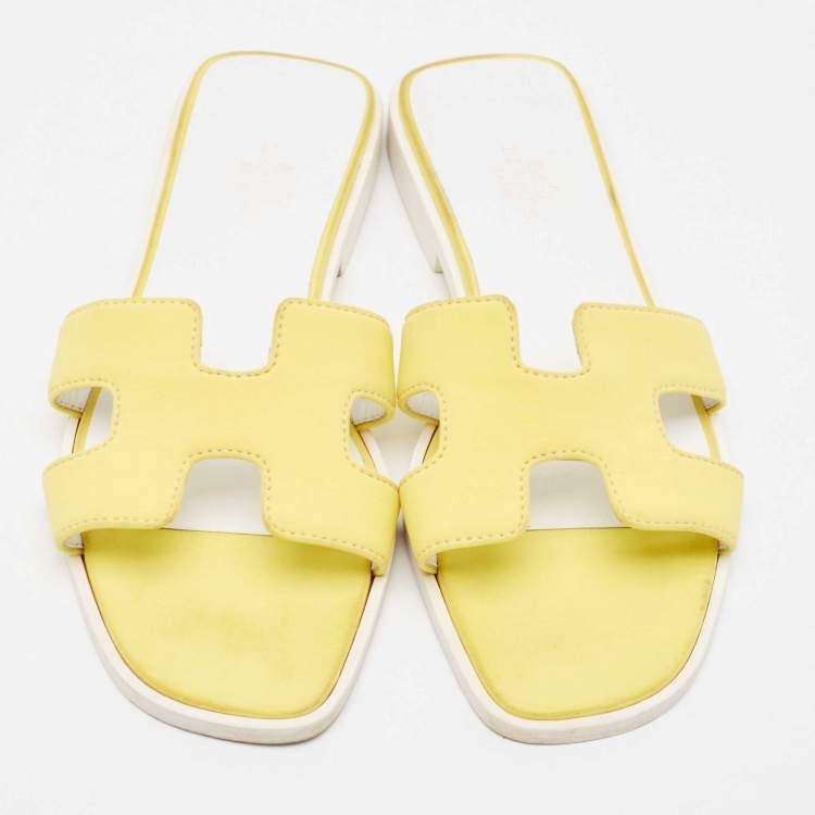 Pre Owned Hermes Yellow Fabric Oran Flat Slides Size 37