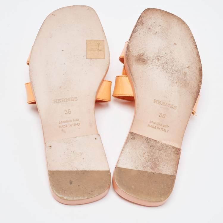 Pre Owned Hermes Orange Patent Leather Oran Flat Slides Size 36