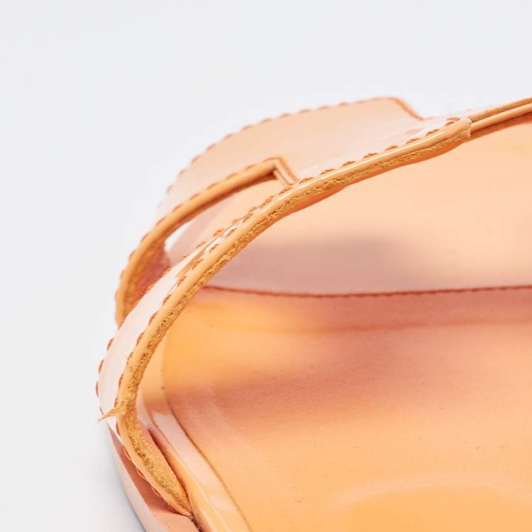 Pre Owned Hermes Orange Patent Leather Oran Flat Slides Size 36