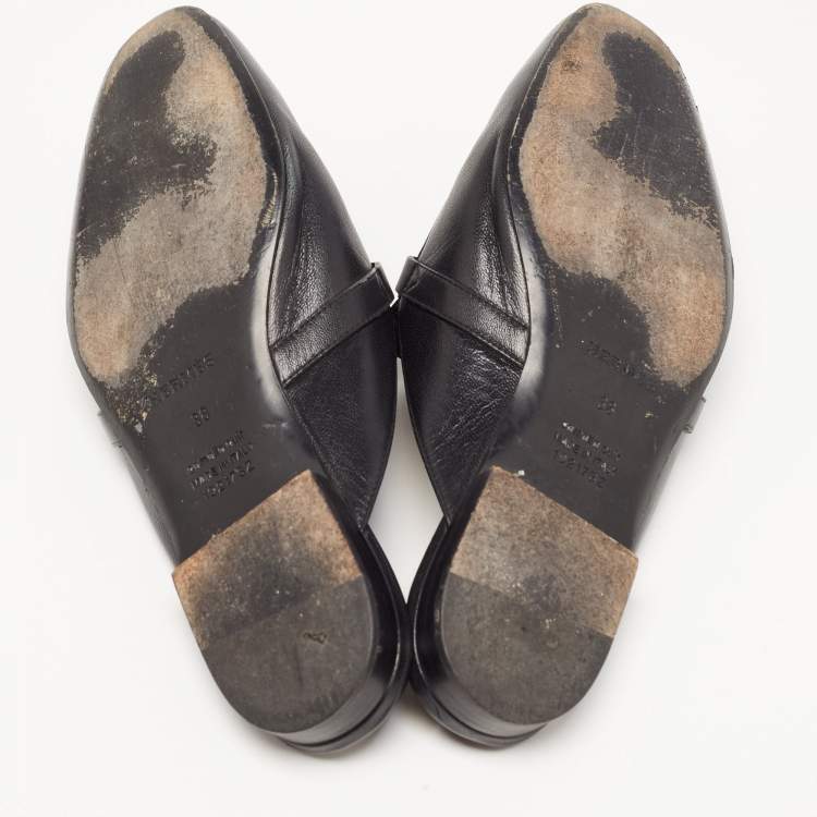 Pre Owned Hermes Black Leather Oz Flat Mules Size 38