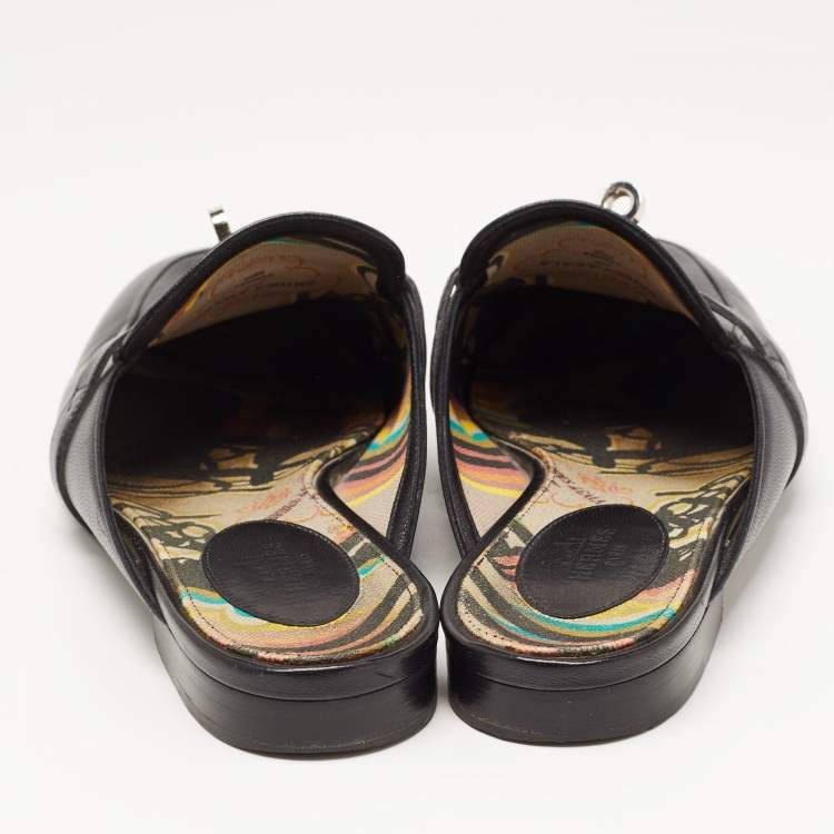 Pre Owned Hermes Black Leather Oz Flat Mules Size 38