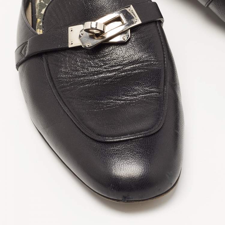 Pre Owned Hermes Black Leather Oz Flat Mules Size 38