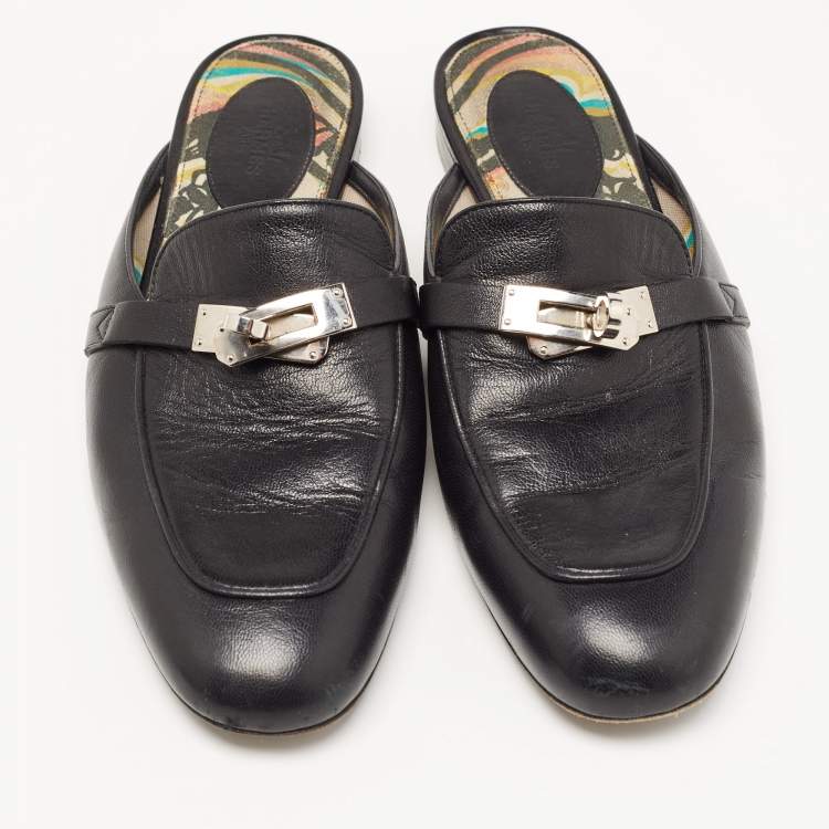 Pre Owned Hermes Black Leather Oz Flat Mules Size 38