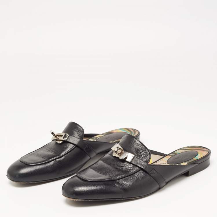 Pre Owned Hermes Black Leather Oz Flat Mules Size 38