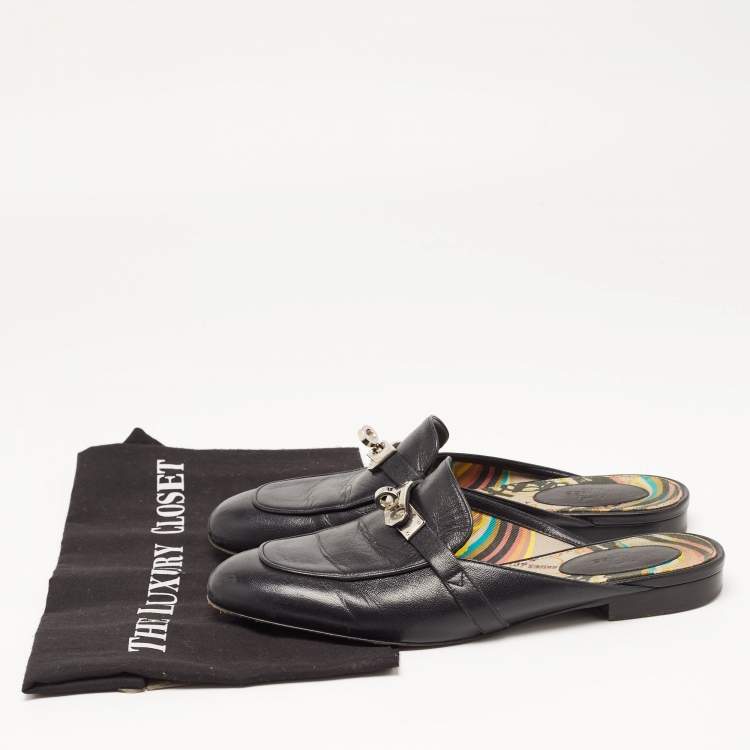 Pre Owned Hermes Black Leather Oz Flat Mules Size 38
