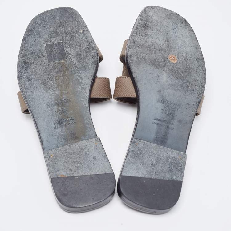 Pre Owned Hermes Brown Leather Oran Flat Slides Size 36.5 