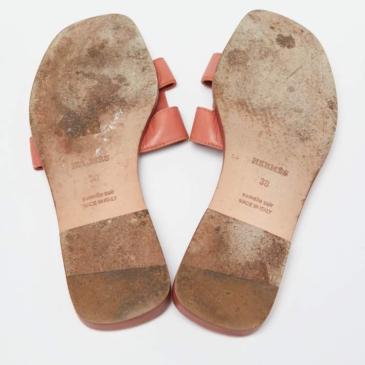 Pre Owned Hermes Pink Leather Oran Flat Slides Size 38