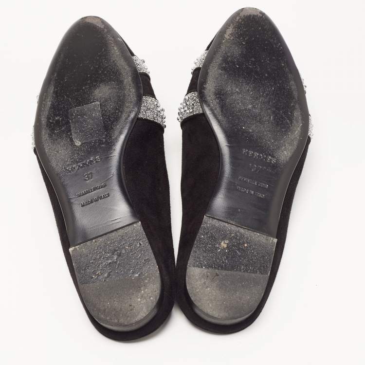 Pre Owned Hermes Black/Silver Suede and Beads Roxane Flat Mules Size 37