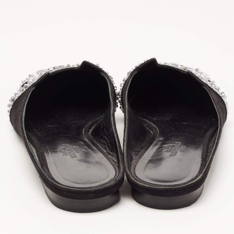 Pre Owned Hermes Black/Silver Suede and Beads Roxane Flat Mules Size 37