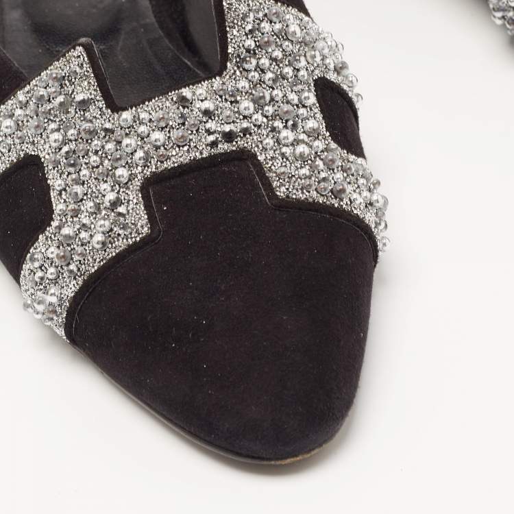 Pre Owned Hermes Black/Silver Suede and Beads Roxane Flat Mules Size 37