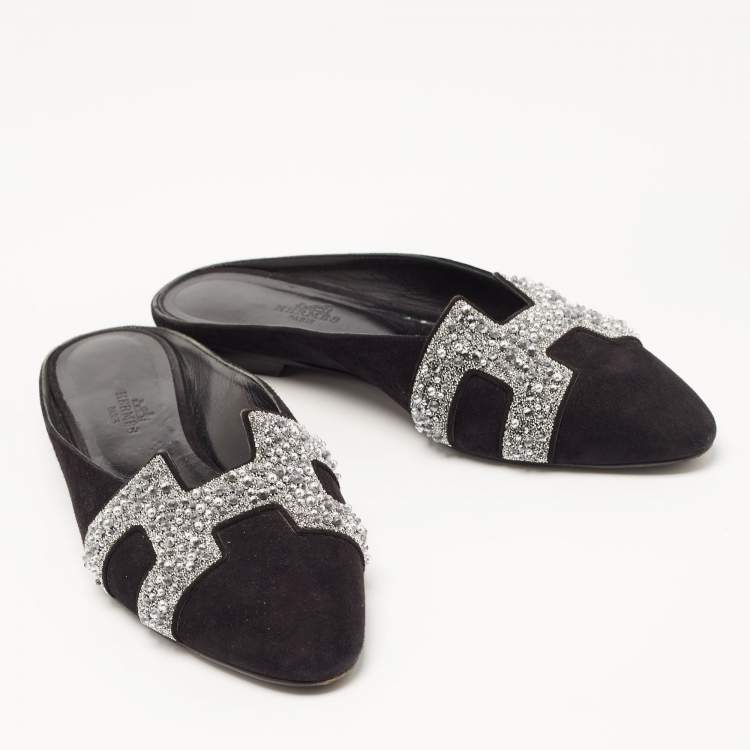 Pre Owned Hermes Black/Silver Suede and Beads Roxane Flat Mules Size 37