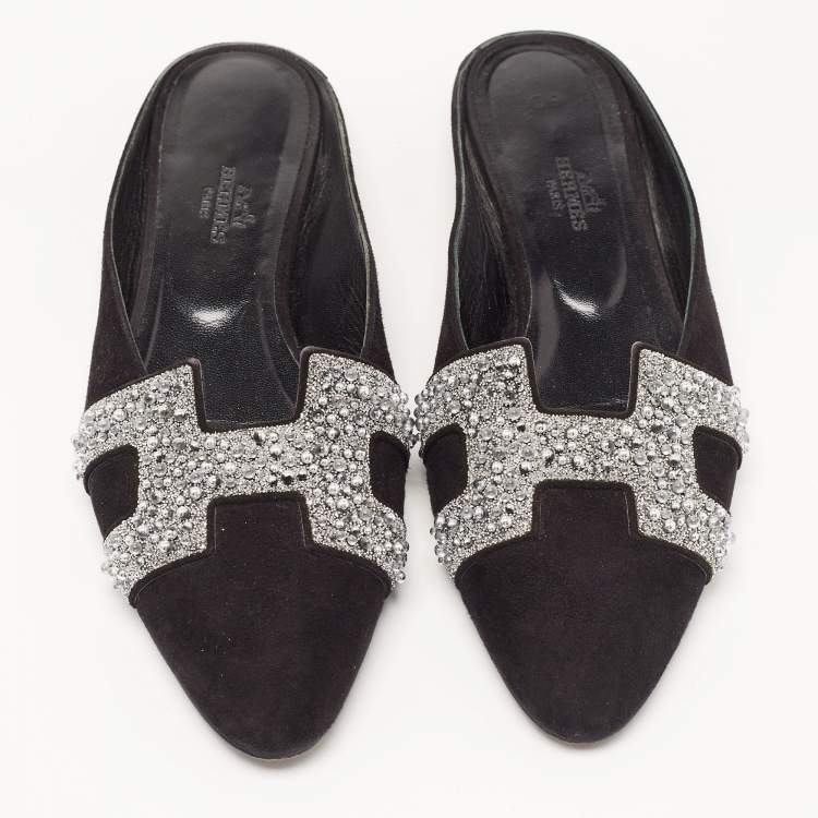 Pre Owned Hermes Black/Silver Suede and Beads Roxane Flat Mules Size 37