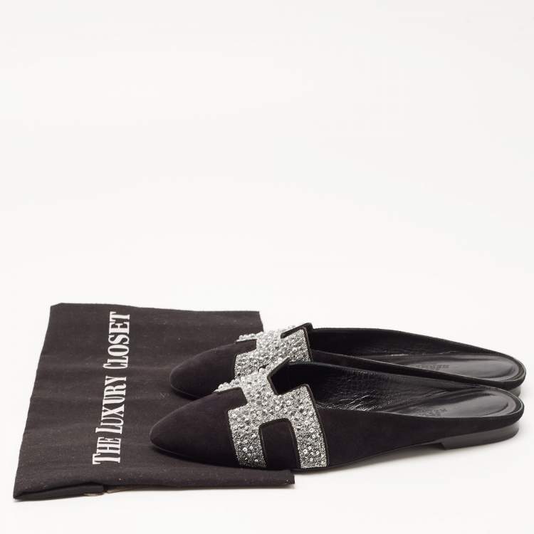 Pre Owned Hermes Black/Silver Suede and Beads Roxane Flat Mules Size 37