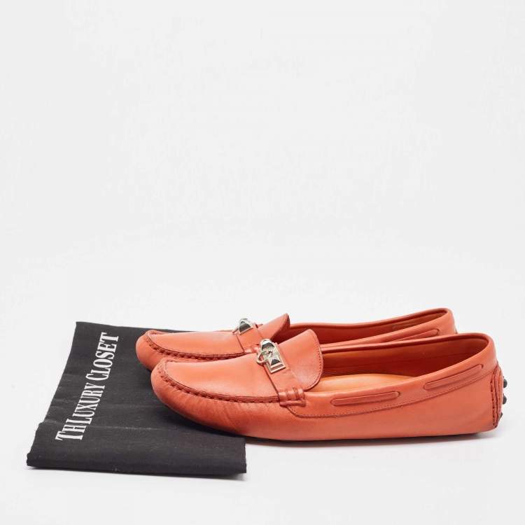 Pre Owned Hermes Orange Leather Irving Slip On Loafers Size 38