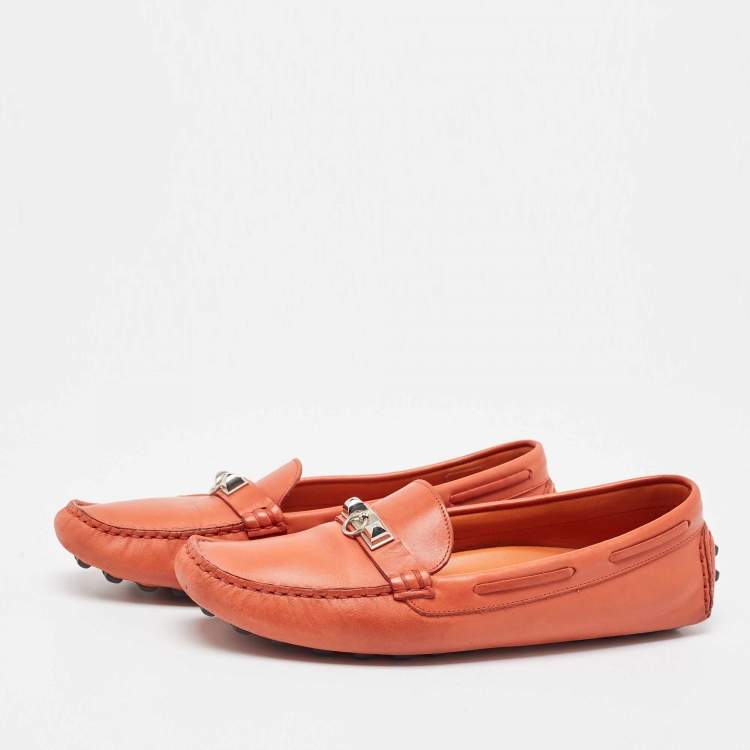 Pre Owned Hermes Orange Leather Irving Slip On Loafers Size 38