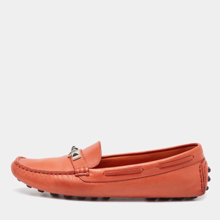 Pre Owned Hermes Orange Leather Irving Slip On Loafers Size 38