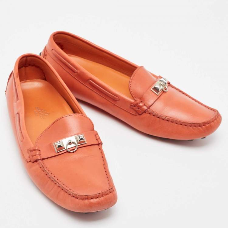 Pre Owned Hermes Orange Leather Irving Slip On Loafers Size 38