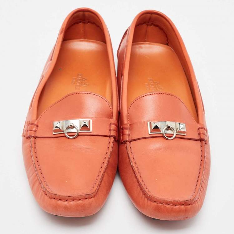 Pre Owned Hermes Orange Leather Irving Slip On Loafers Size 38