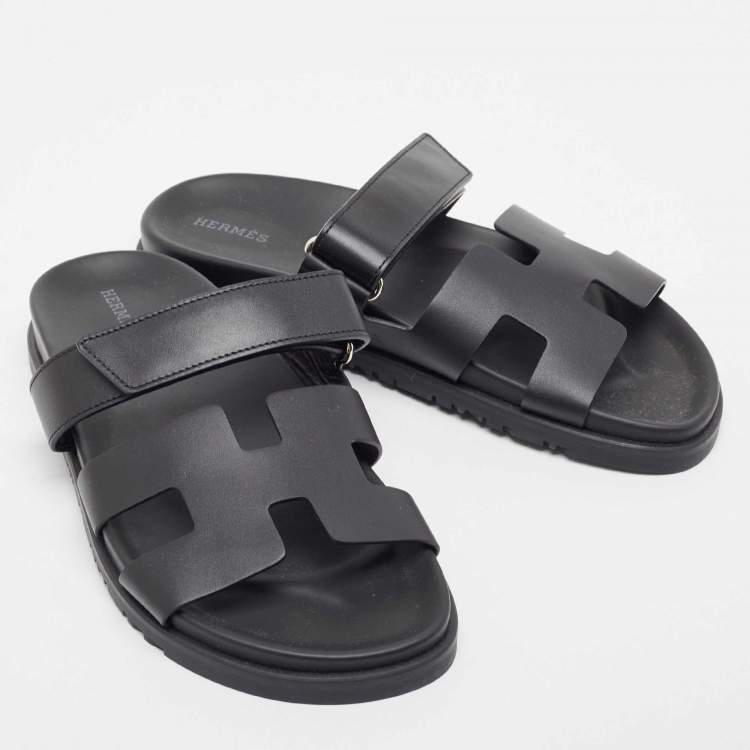 Pre Owned Hermes Black Leather Chypre Velcro Flat Sandals Size 40