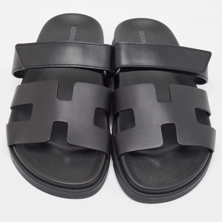 Pre Owned Hermes Black Leather Chypre Velcro Flat Sandals Size 40