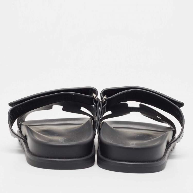 Pre Owned Hermes Black Leather Chypre Velcro Flat Sandals Size 40
