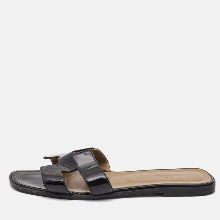 Pre Owned Hermes Black Patent Leather Oran Flat Slides Size 41