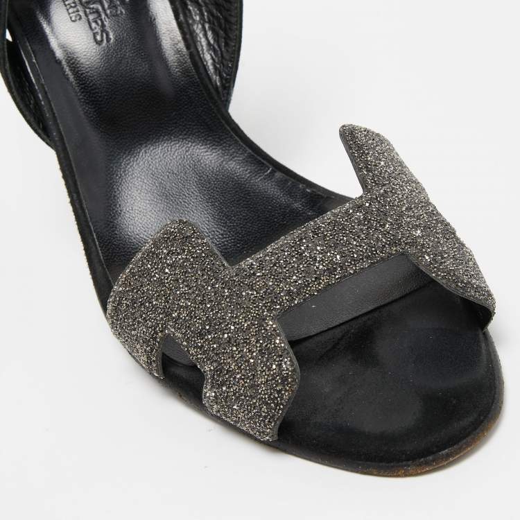 Pre Owned Hermes Silver/Black Suede and Glitter  Night  Sandals Size 37