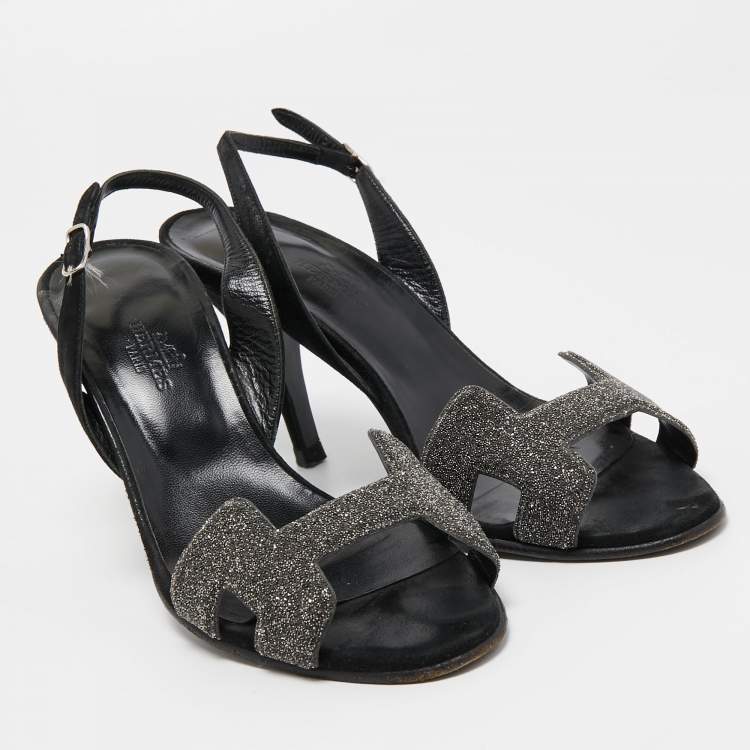 Pre Owned Hermes Silver/Black Suede and Glitter  Night  Sandals Size 37