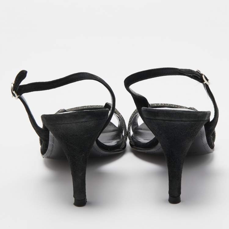 Pre Owned Hermes Silver/Black Suede and Glitter  Night  Sandals Size 37