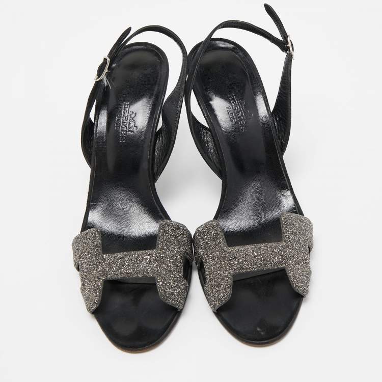 Pre Owned Hermes Silver/Black Suede and Glitter  Night  Sandals Size 37