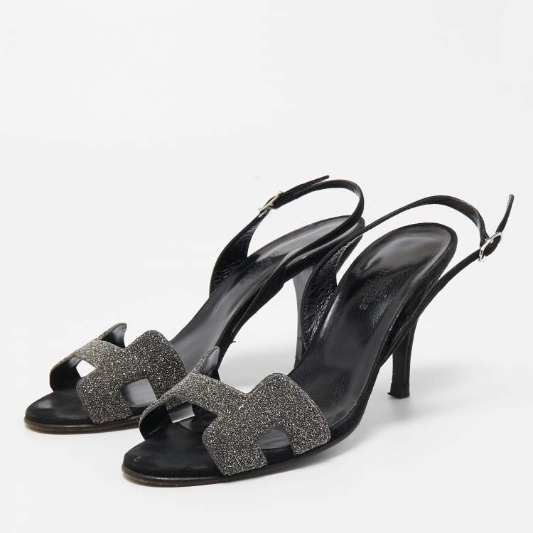 Pre Owned Hermes Silver/Black Suede and Glitter  Night  Sandals Size 37