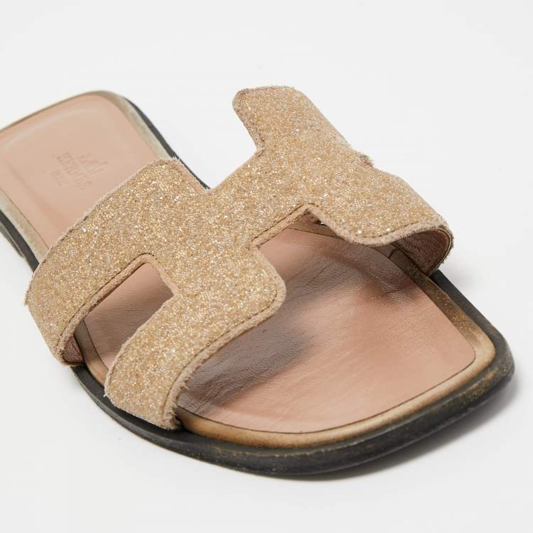 Pre Owned Hermes Pink Powder Beads Oran Flat Slides Size 38