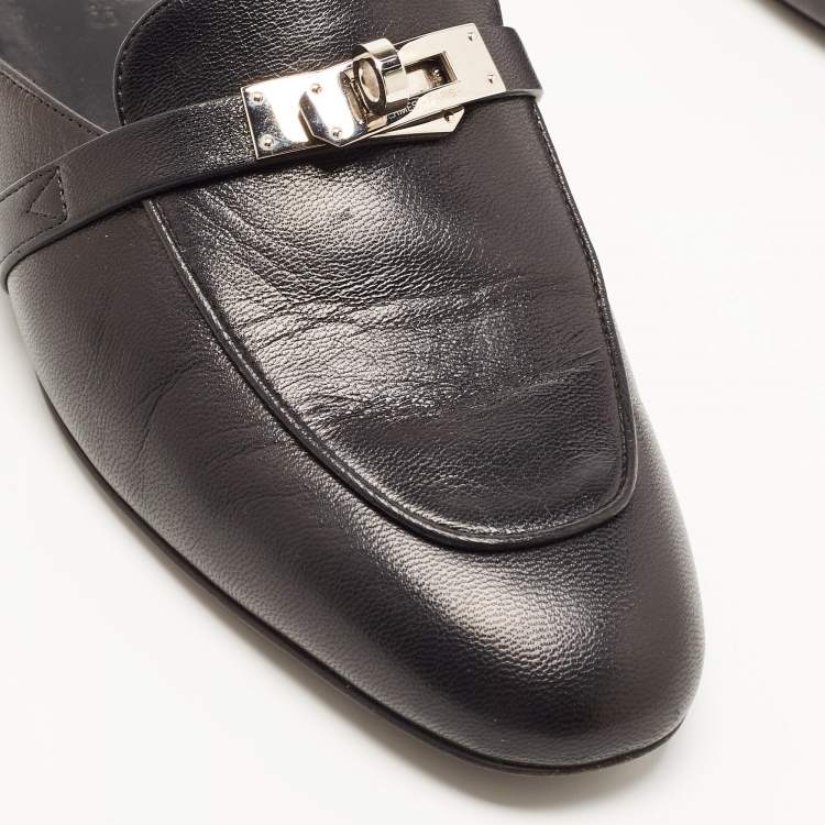 Pre Owned Hermes Black Leather Oz Flat Mules Size 37.5