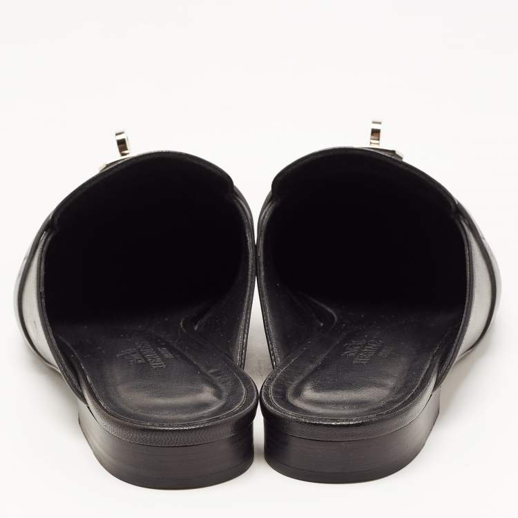 Pre Owned Hermes Black Leather Oz Flat Mules Size 37.5