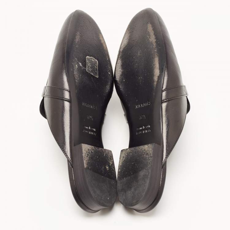 Pre Owned Hermes Black Leather Oz Flat Mules Size 37.5