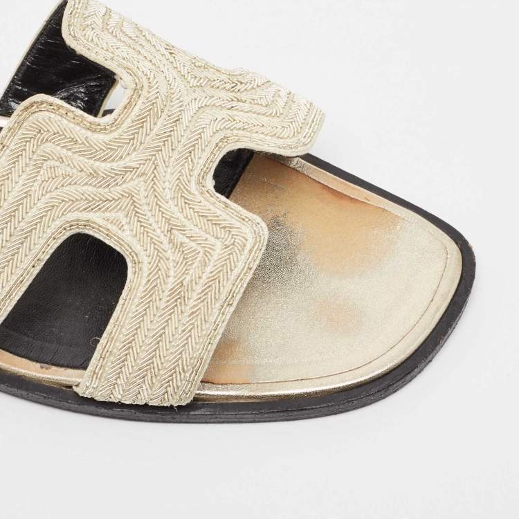 Pre Owned Hermes Gold Twisted Metal Thread Oran Sandals Size 39.5