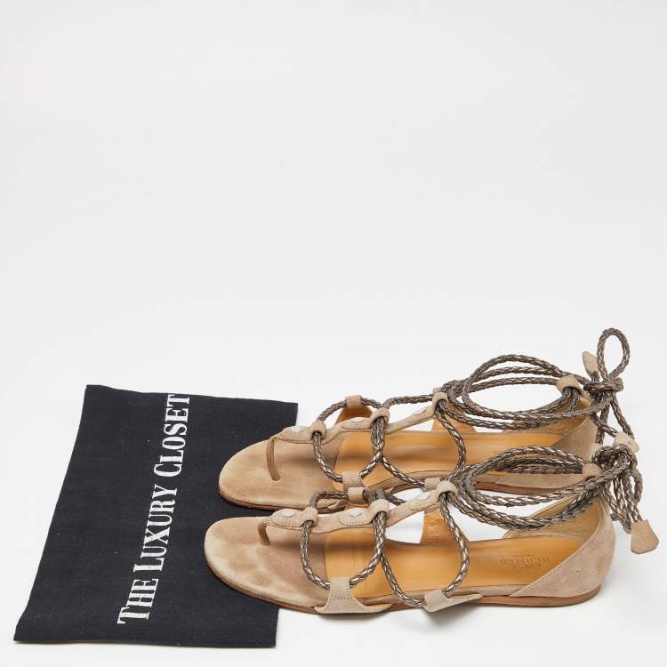 Pre Owned Hermes Beige Suede Thong Strappy Flat Slides Size 38