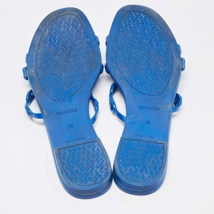 Pre Owned Hermes Blue D'ancre Chaine Rivage Flat Slides Size 38