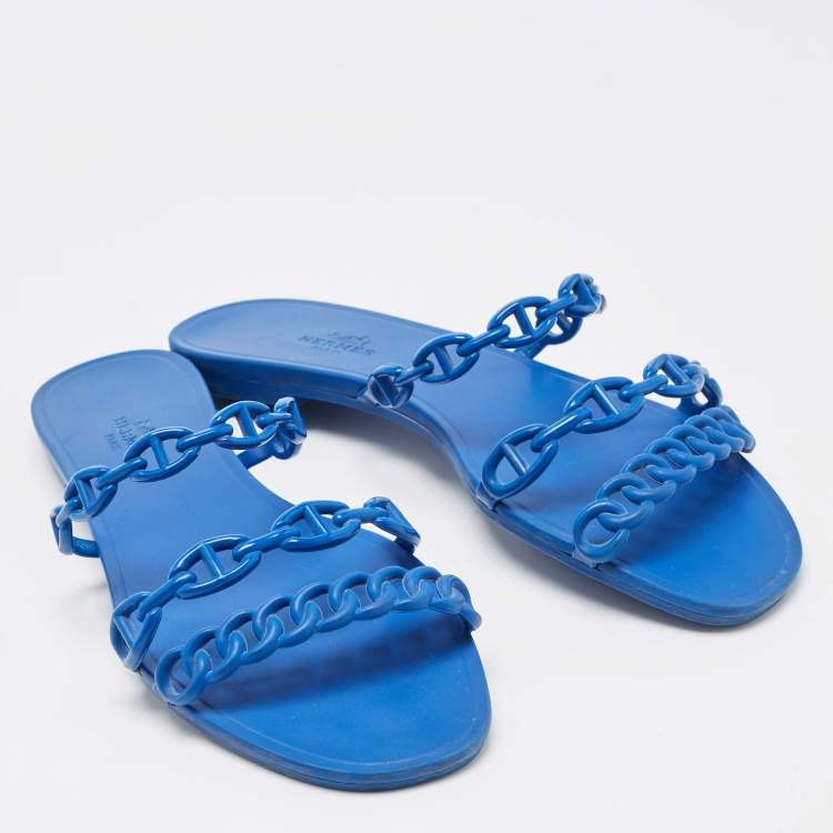Pre Owned Hermes Blue D'ancre Chaine Rivage Flat Slides Size 38