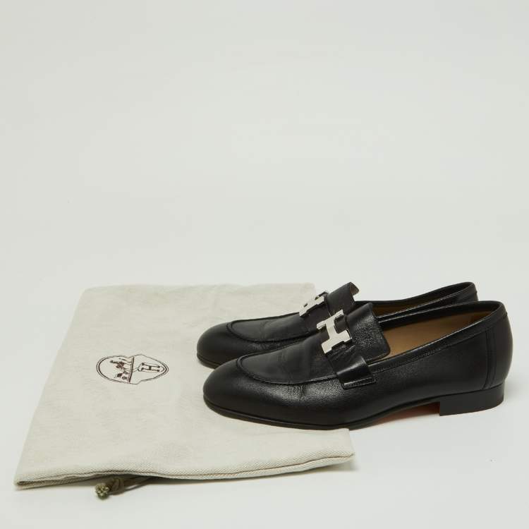 Pre Owned Hermes Black Leather Paris Loafers Size 39