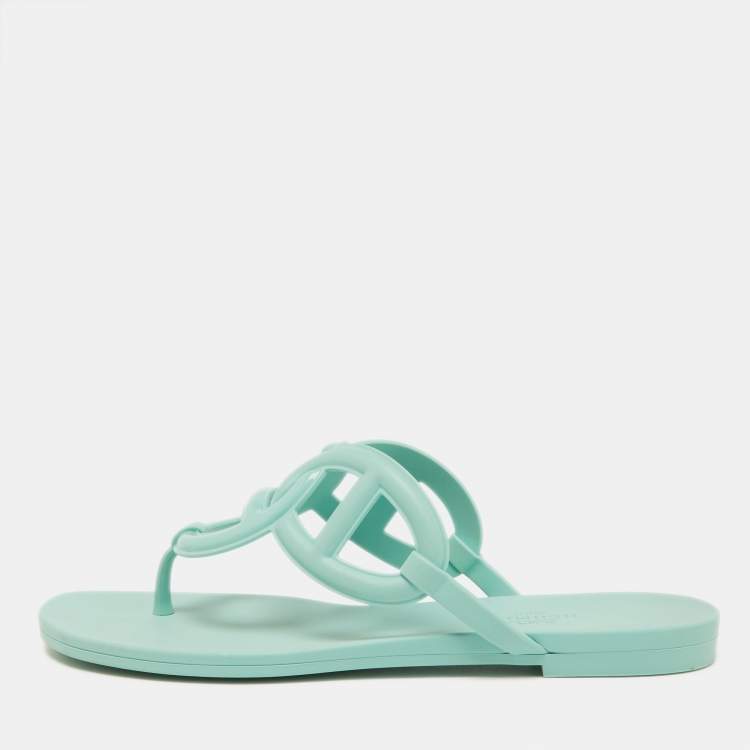 Pre Owned Hermes Mint Green Rubber Egerie Thong Flat Slides Size 36