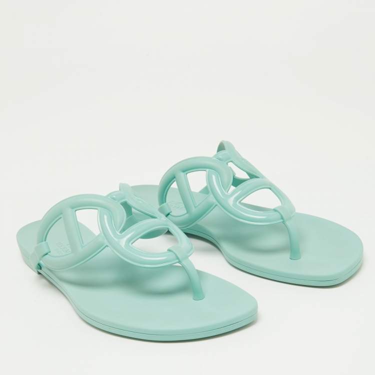 Pre Owned Hermes Mint Green Rubber Egerie Thong Flat Slides Size 36