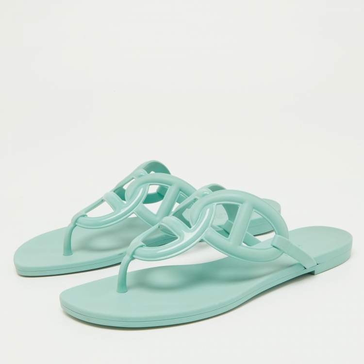 Pre Owned Hermes Mint Green Rubber Egerie Thong Flat Slides Size 36