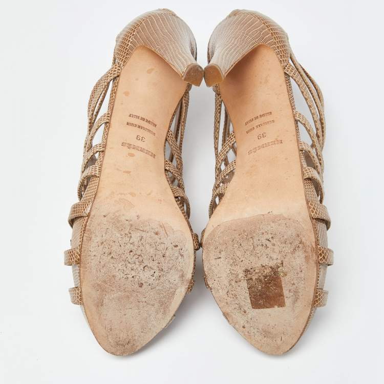 Pre Owned Hermes Beige Lizard Cut Out Platform Sandal Size 39