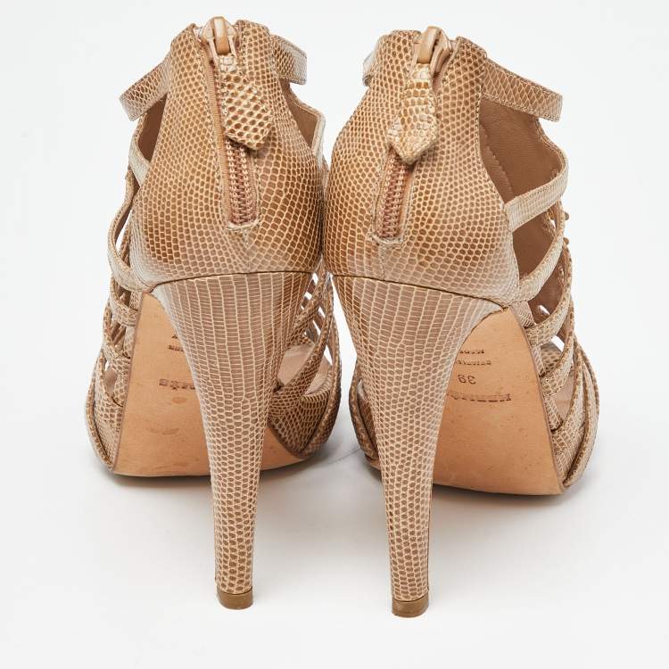 Pre Owned Hermes Beige Lizard Cut Out Platform Sandal Size 39