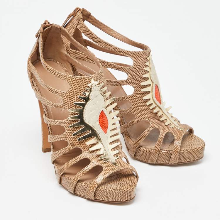 Pre Owned Hermes Beige Lizard Cut Out Platform Sandal Size 39